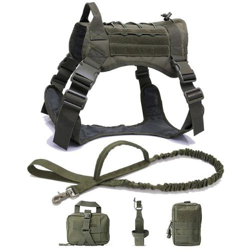 Army Green Tactical Dog Pet Vest With Bags Military Harness Leash Set