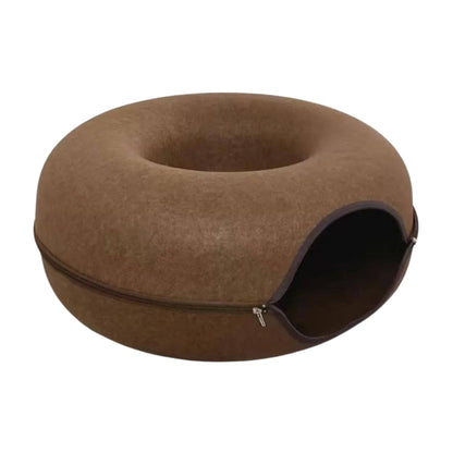 Coffee Donut Cat Bed for 2 Pets Tunnel Kitten House Basket Interactive Natural Felt Cave Nest