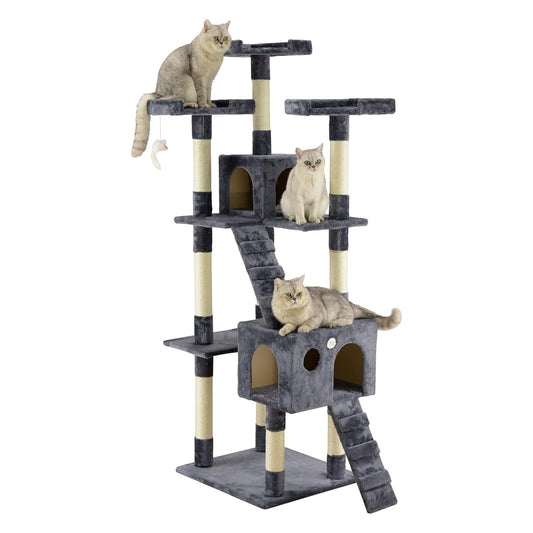 72" Slate Grey Tall Extra Large Cat Tree Tower Condo House for Large Indoor Cats Play Scratch With Two Ladders