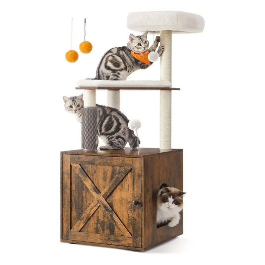 52.8" Rustic Brown Cat Tree with Litter Box Enclosure 2-in-1 Modern Cat Tower for Indoor Cats