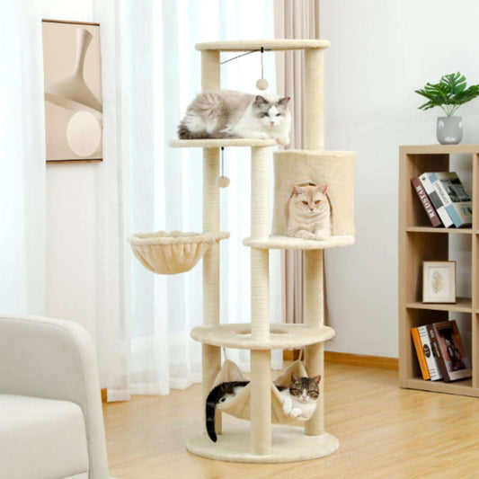 59.8" Beige Cat Scratcher Tower Home Furniture Cat Tree Pets Hammock Sisal Cat Scratching Post Climbing Frame Toy Spacious Perch