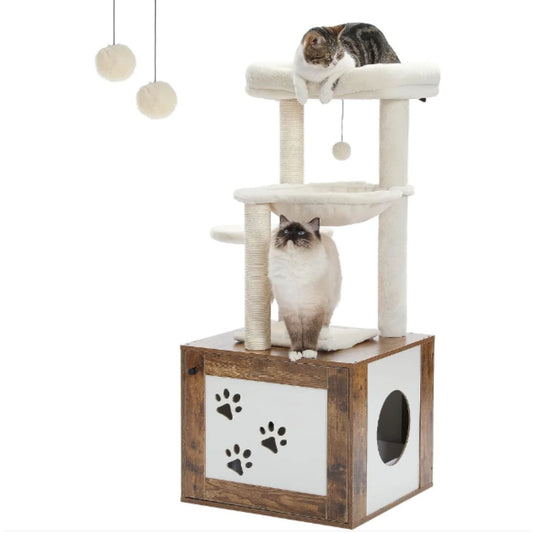 46.1" Brown Modern Cat Tower Wood with Super Large Hammock & Litter Box Enclosure