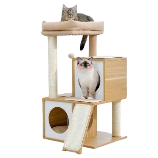 34" Wooden Beige Cat Tower with Double Condos, Spacious Perch, Fully Wrapped Scratching Sisal Posts and Replaceable Dangling Balls