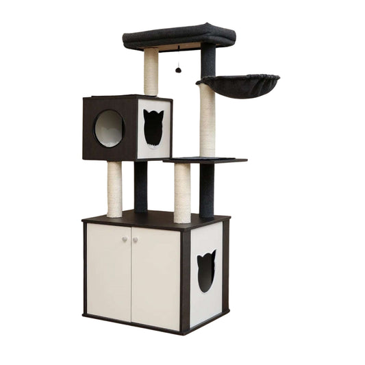 59" Black Luxury Cat Tree Tower with Cabinet Wood Post Toy Large Spacious Perch Sleep Hammock