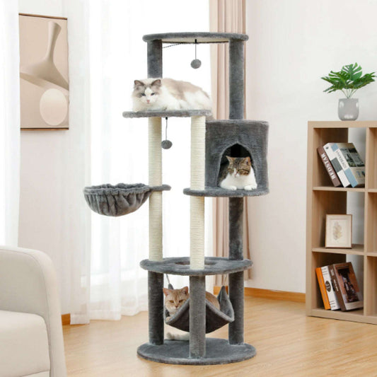 59.8" Grey Cat Scratcher Tower Home Furniture Cat Tree Pets Hammock Sisal Cat Scratching Post Climbing Frame Toy Spacious Perch