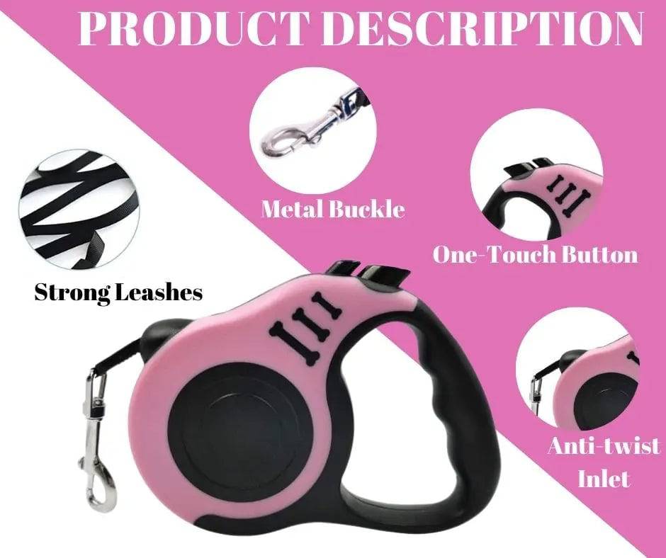 Pink Dog Leash 3m 5m Durable Leash Automatic Retractable Nylon Cat Lead Extension Puppy Walking Running Lead Roulette For Dog - TrendyPet's Zone