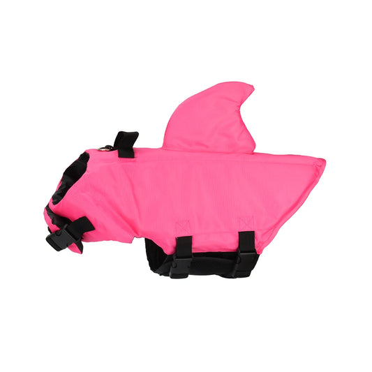 Pink shark-shaped dog life jacket from TrendyPet's Zone, designed for safety and style for all dog sizes and breeds.
