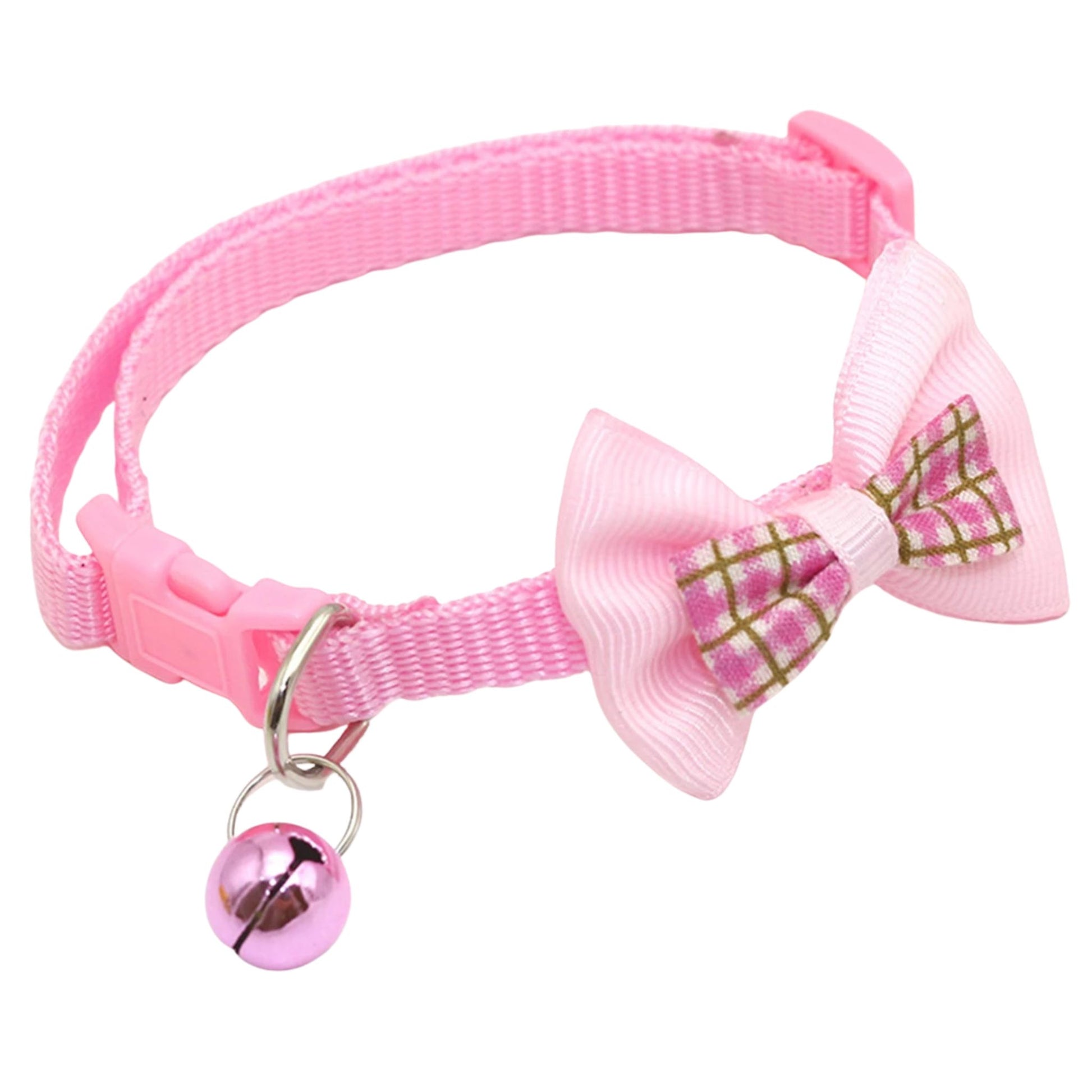 Pink adjustable cat collar with a bell and bow, stylish and comfortable, from TrendyPet's Zone.