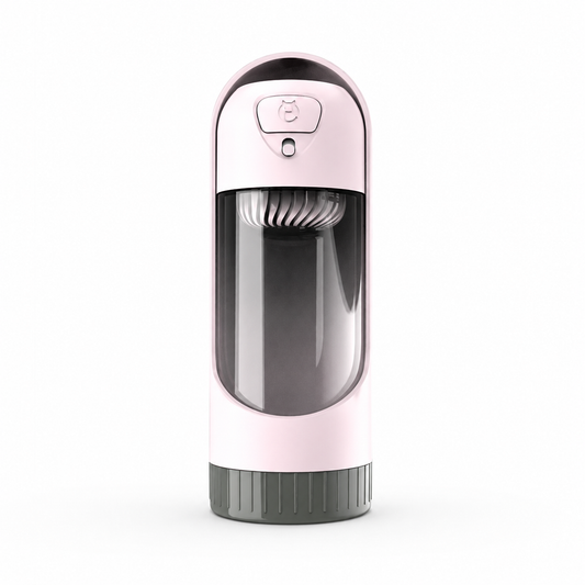 Pink portable pet dog water bottle with built-in drinking bowl by TrendyPet's Zone, suitable for small and large dogs.