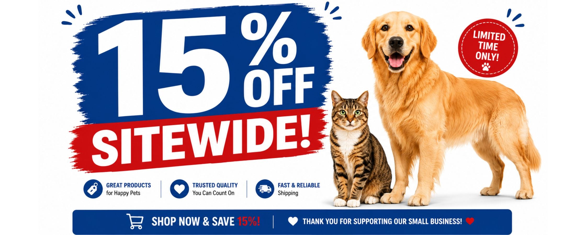 Promotional banner with a dog, cat, and 15% off sitewide offer on a white background. TrendyPet's Zone