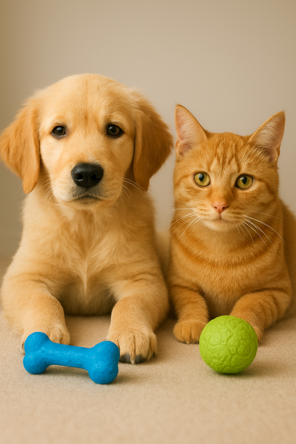 Puppy and cat sitting together with toys on a beige background TrendyPet's Zone