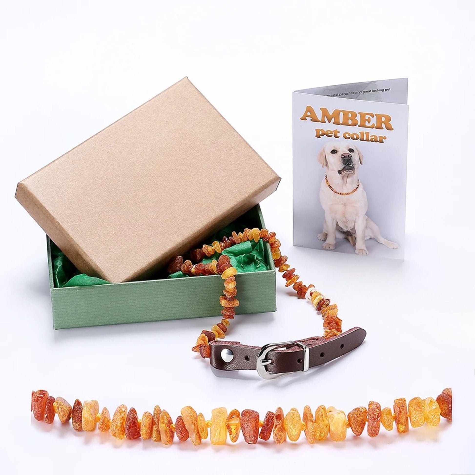 Raw Baltic Amber flea and tick collar for dogs and cats by TrendyPet's Zone, featuring a natural amber pendant and adjustable leather strap.