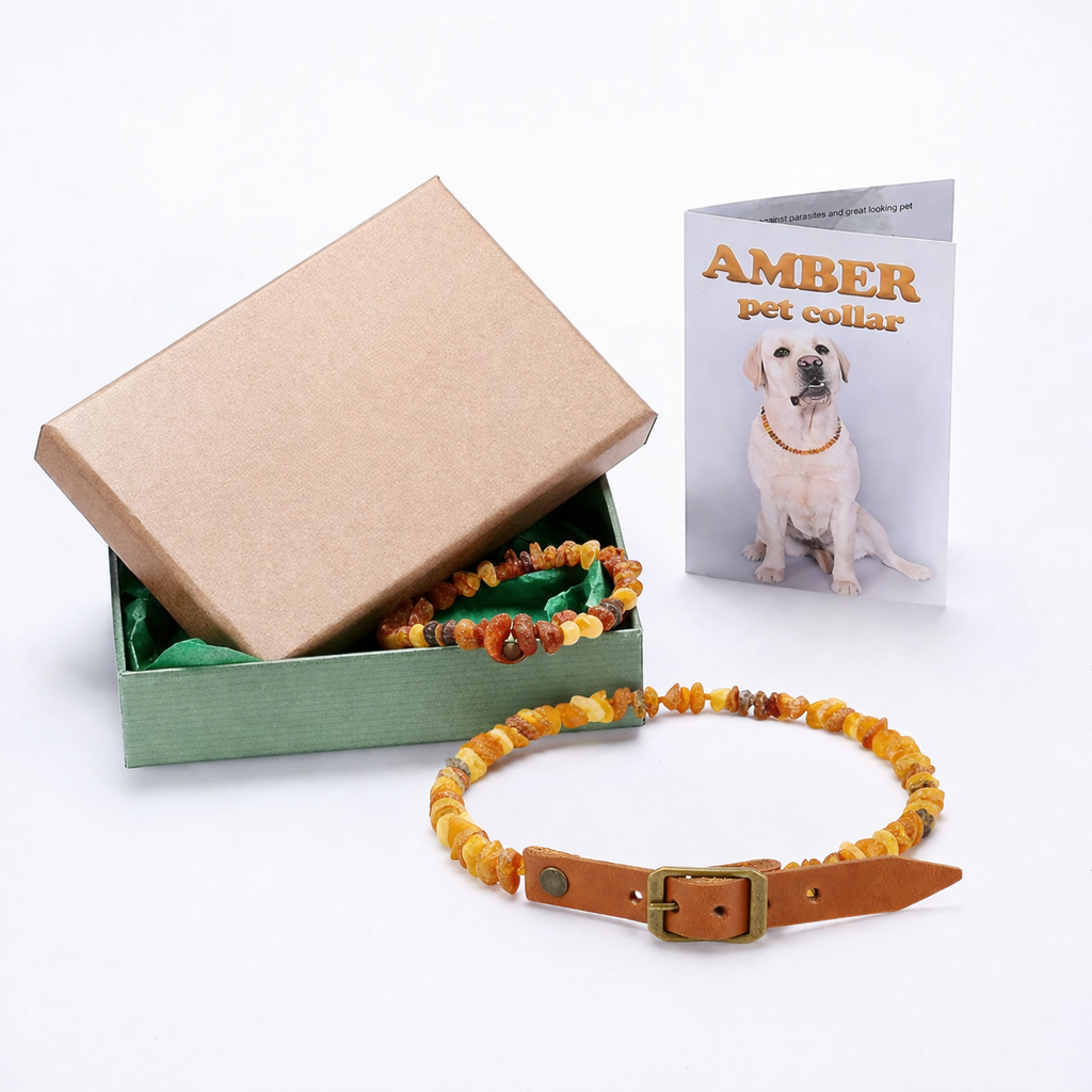 Raw Baltic Amber flea and tick collar for dogs and cats by TrendyPet's Zone, with adjustable leather strap and natural pet protection.