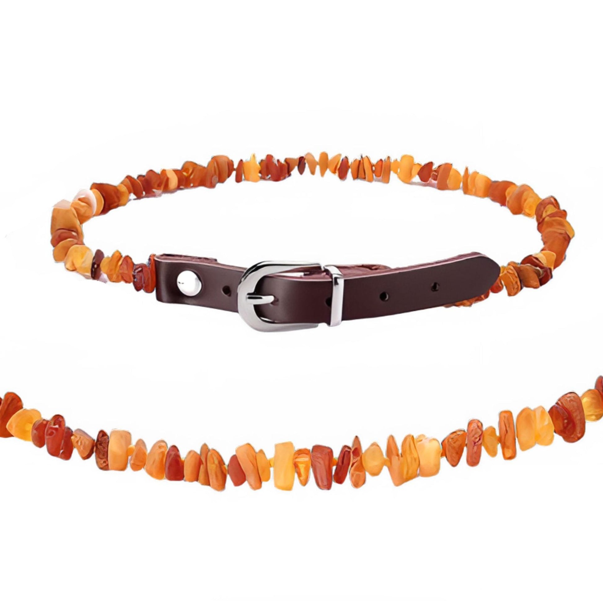 Raw Baltic Amber flea and tick collar for dogs and cats, with an adjustable leather strap and natural lab-tested amber beads.