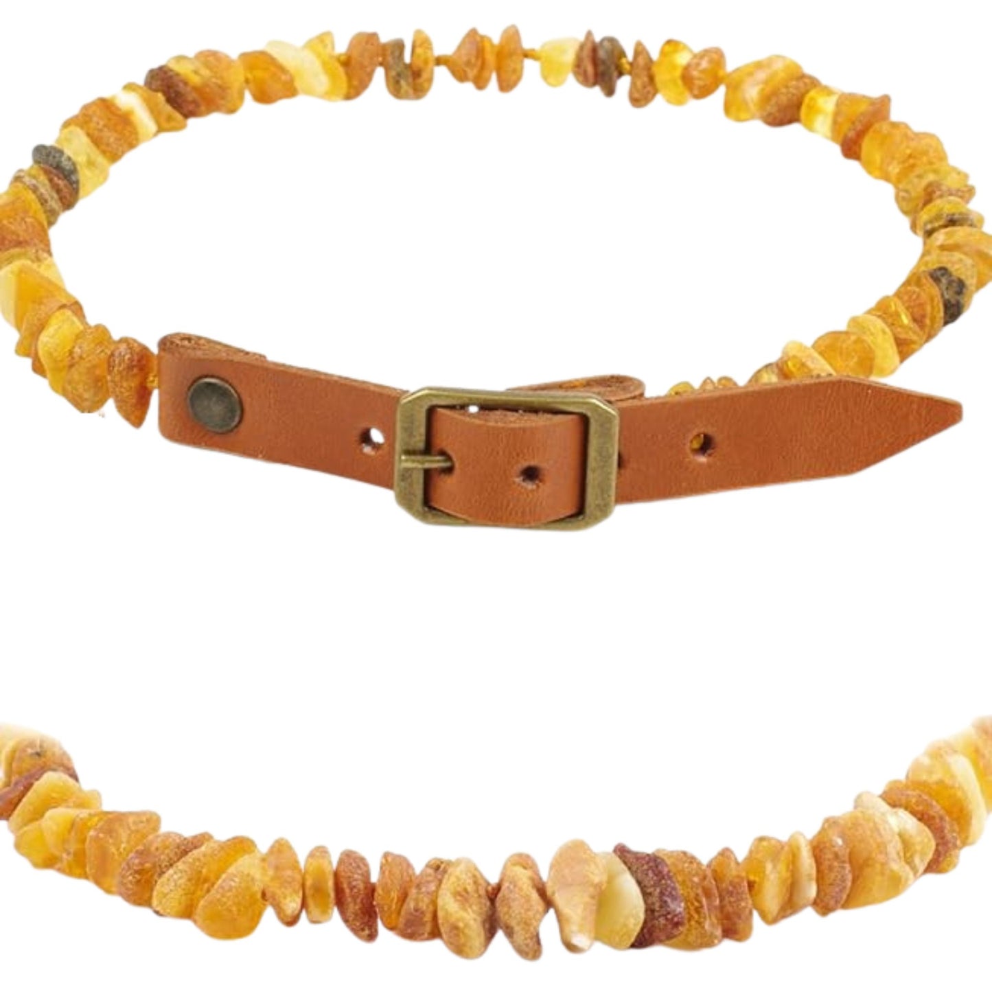 Raw Baltic amber flea and tick collar for dogs and cats by TrendyPet's Zone, adjustable leather strap with natural amber stones.