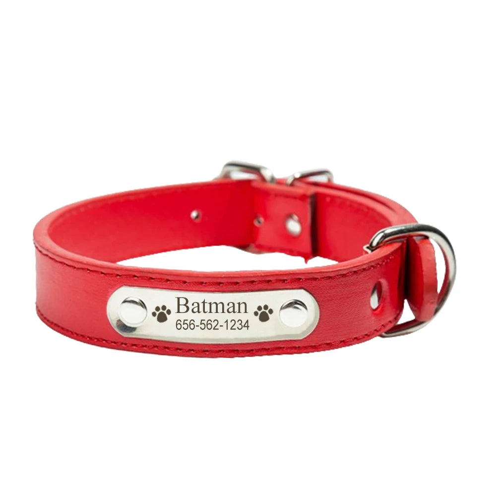 Red Adjustable PU Leather Dog Collar with ID Tag - TrendyPet's Zone