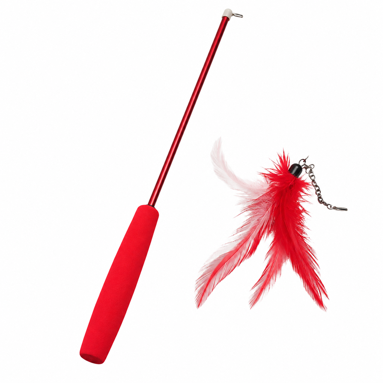 Red interactive cat toy kit with feather teaser wand, retractable three-section stick, bell catcher, for kittens and cats by TrendyPet's Zone.
