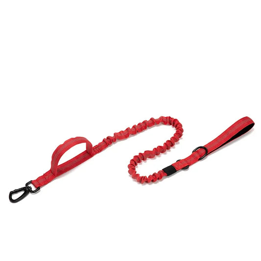 Red tactical dog leash by TrendyPet's Zone, elastic no-pull nylon leash with reflective traction rope for walking and training.