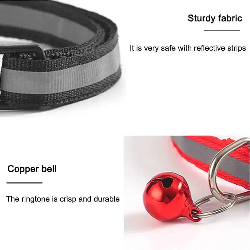 Red reflective LED cat collar with bell, adjustable nylon safety breakaway design, suitable for cats and kittens.