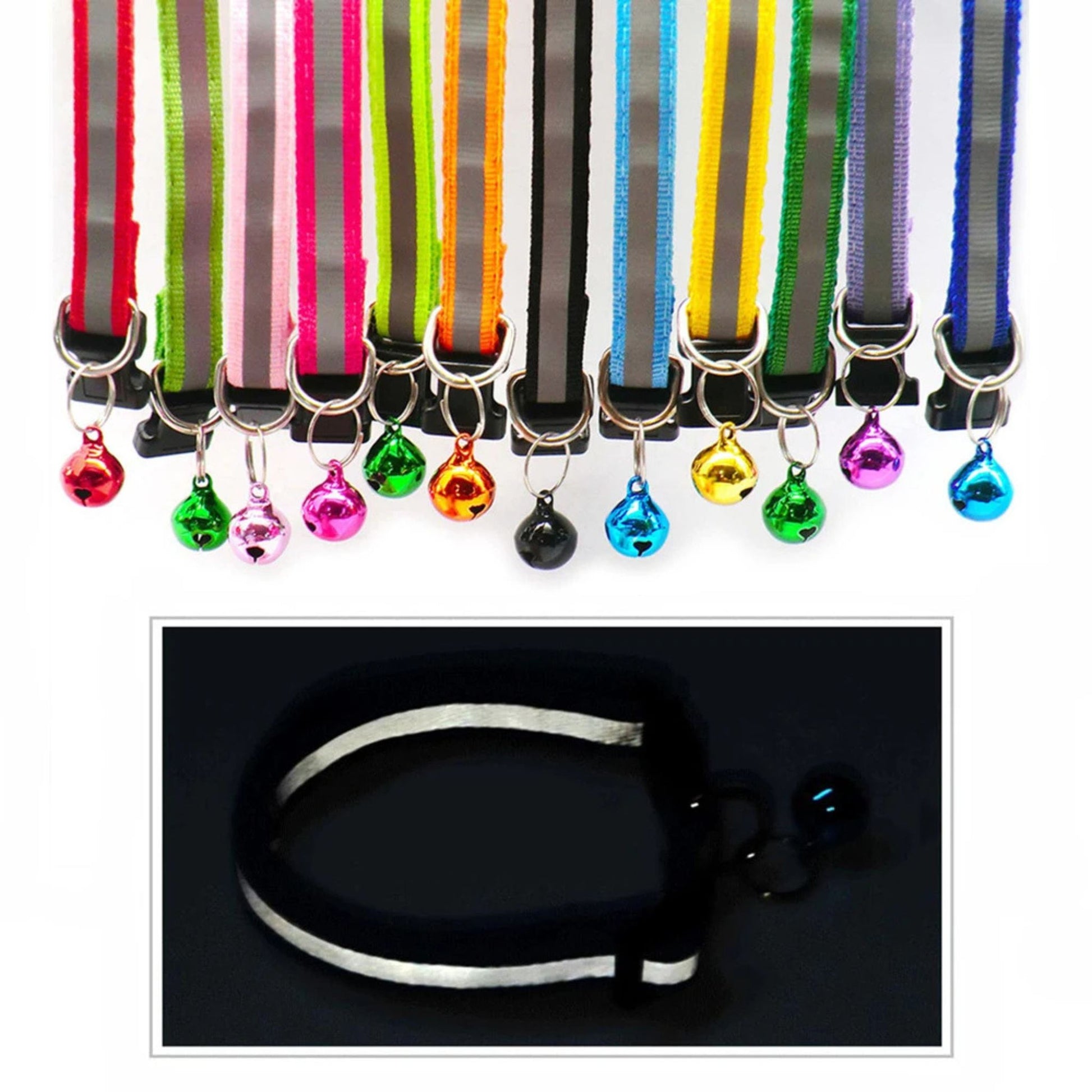 Red reflective LED cat collar with bell, adjustable nylon strap, safety breakaway design for kittens and cats.