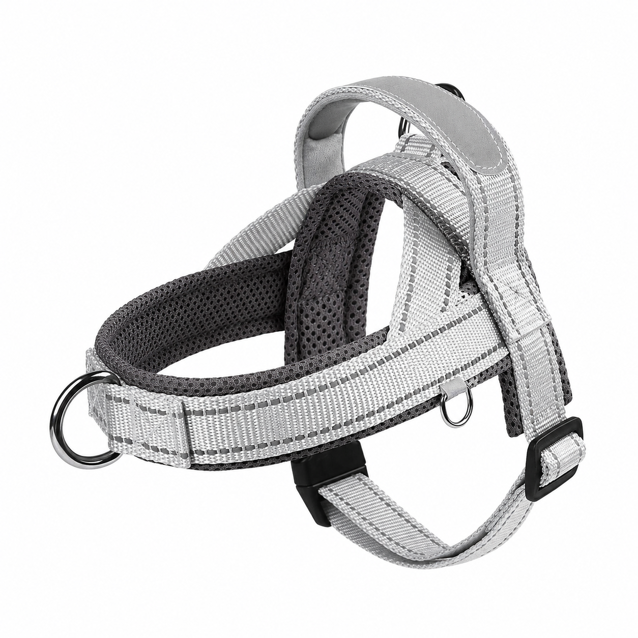 Light gray reflective no-pull dog harness with handle, adjustable nylon pet vest for small to large dogs, by TrendyPet's Zone.