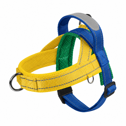 Blue and yellow reflective no-pull dog harness with handle, adjustable nylon pet vest for small to large dogs by TrendyPet's Zone.