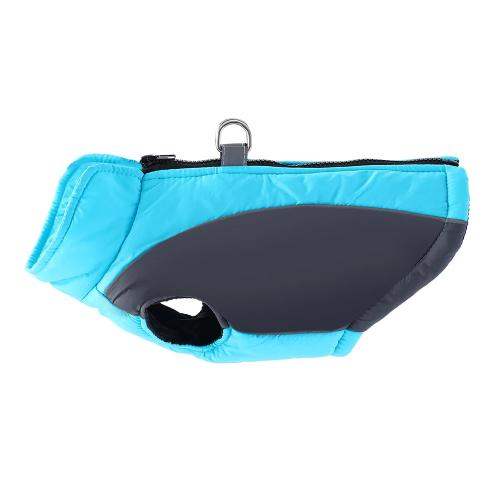 TrendyPet's Zone blue reflective winter jacket, windproof dog coat and vest viewed from the side