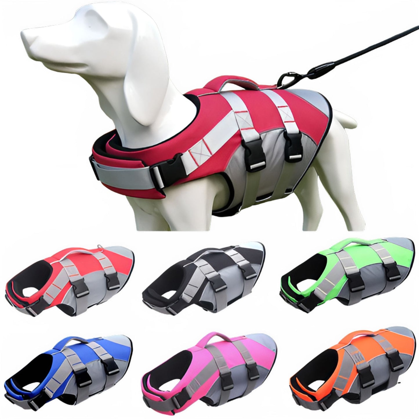 Reflective dog life jacket from TrendyPet's Zone, summer swim suit style, with adjustable straps and bright reflective material.