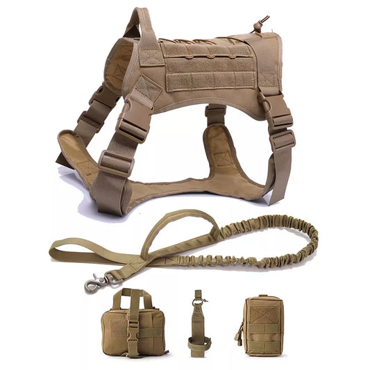 Khaki Tactical Dog Pet Vest With Bags Military Harness Leash Set