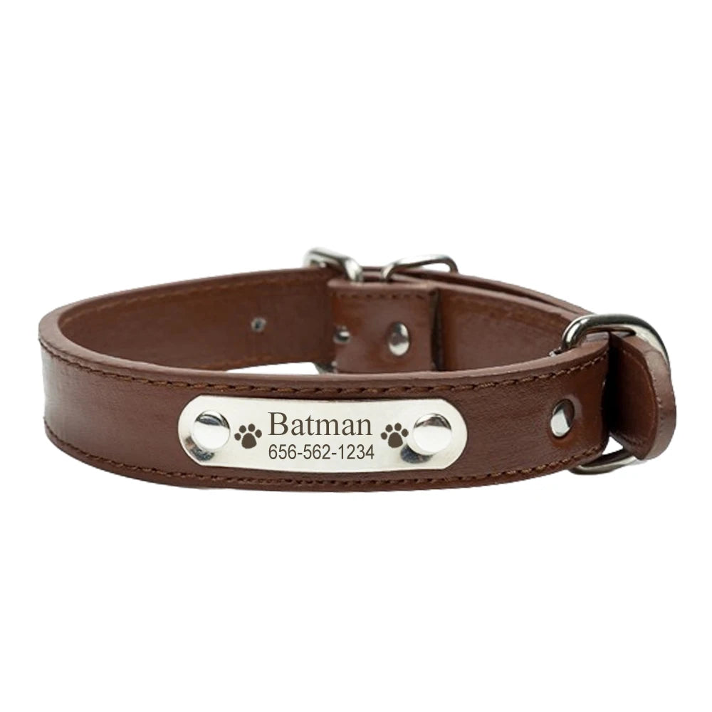 Brown Adjustable PU Leather Dog Collar with ID Tag TRENDYPET'S ZONE