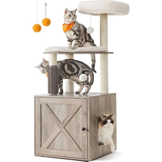 52.8" Greige Cat Tree with Litter Box Enclosure 2-in-1 Modern Cat Tower for Indoor Cats