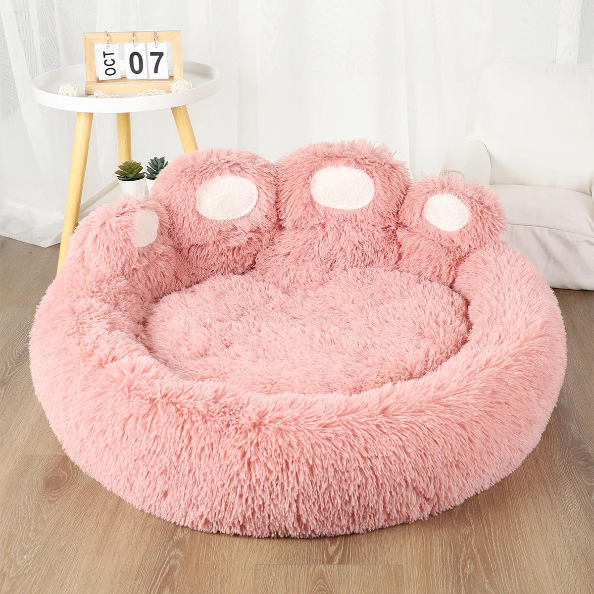 Pink Dog Bed Mat Round Large Pet House Long Plush Deep Sleeping Warm Bear Paw Shape Super Soft Cushion Calm Beds High Quality TrendyPet's Zone