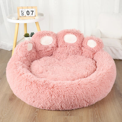 Pink Dog Bed Mat Round Large Pet House Long Plush Deep Sleeping Warm Bear Paw Shape Super Soft Cushion Calm Beds High Quality TrendyPet's Zone