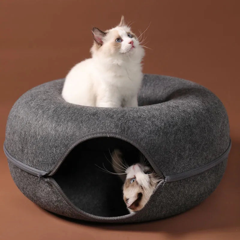 Coffee Donut Cat Bed for 2 Pets Tunnel Kitten House Basket Interactive Natural Felt Cave Nest