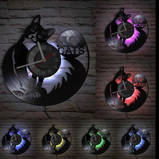 I Love Cats Wall Art (LED) Silhouette Kitten Cat Home Decor Wall Clock Black Kitty Vinyl Record Clock Cat Pet Lover