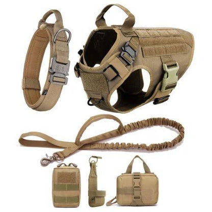 Sand Khaki Durable Nylon Tactical Dog Harness Collar Leash Set - TrendyPet's Zone