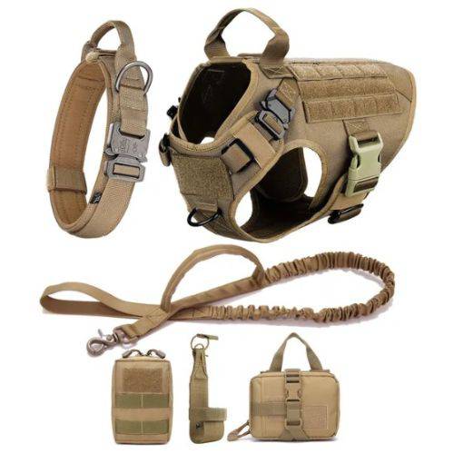 Sand Khaki Durable Nylon Tactical Dog Harness Collar Leash Set - TrendyPet's Zone