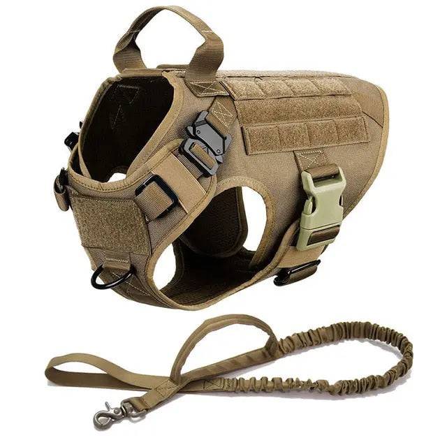 Sand Khaki Durable Nylon Tactical Dog Harness Collar Leash Set - TrendyPet's Zone