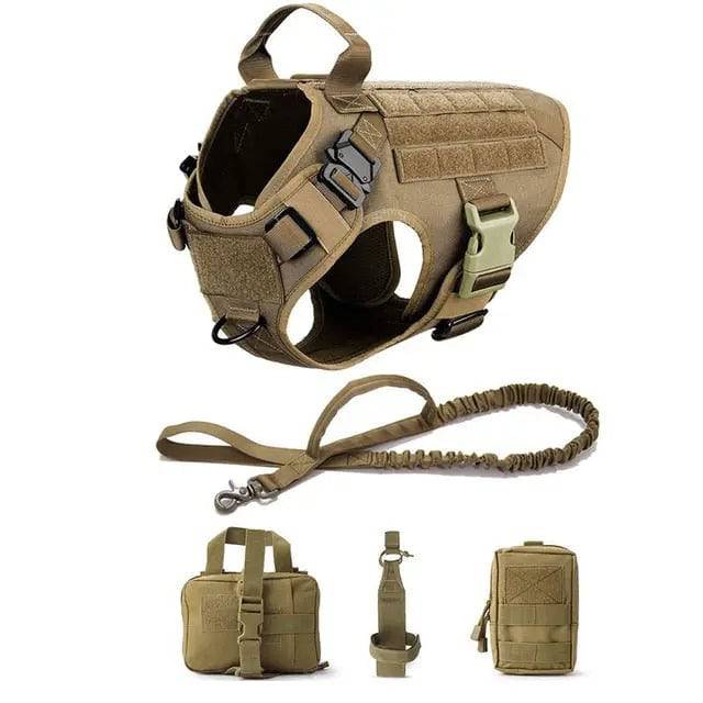 Sand Khaki Durable Nylon Tactical Dog Harness Collar Leash Set - TrendyPet's Zone