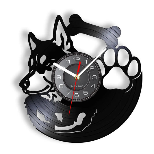 Silent Wall Clock Vinyl Record (WITHOUT LED) Non Ticking Paw Pet Vintage Art Decor Dog Breed Siberian Husky Dog Owner Gift Idea