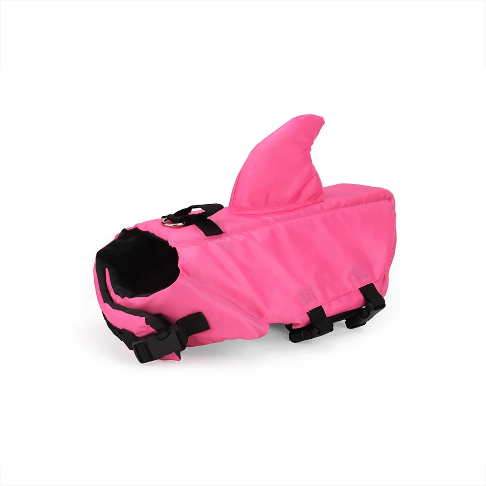 Pink Shark swim safety vest for dogs, stylish life jacket by TrendyPet's Zone, suitable for all sizes and breeds, with shark design.