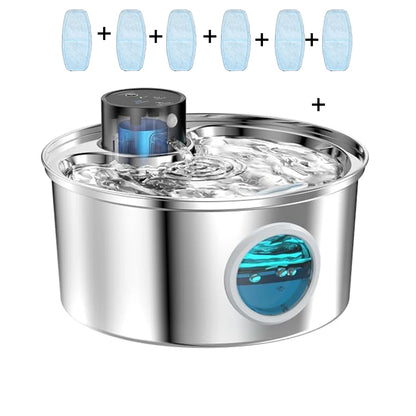 Stainless steel wireless pet water fountain with smart sensor, silent filtration, and automatic dispenser by TrendyPet's Zone.