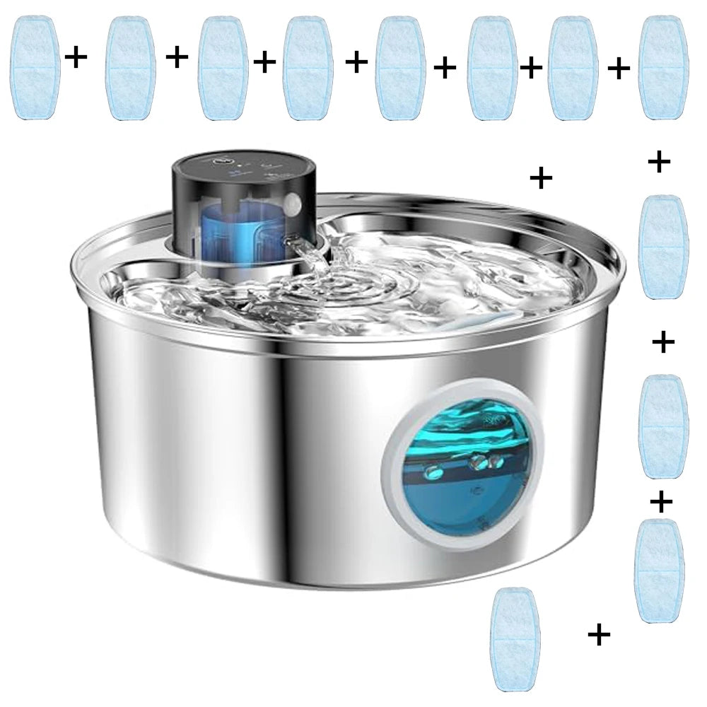 Stainless steel wireless pet water fountain with smart sensor, silent filtration, and automatic dispenser by TrendyPet's Zone.