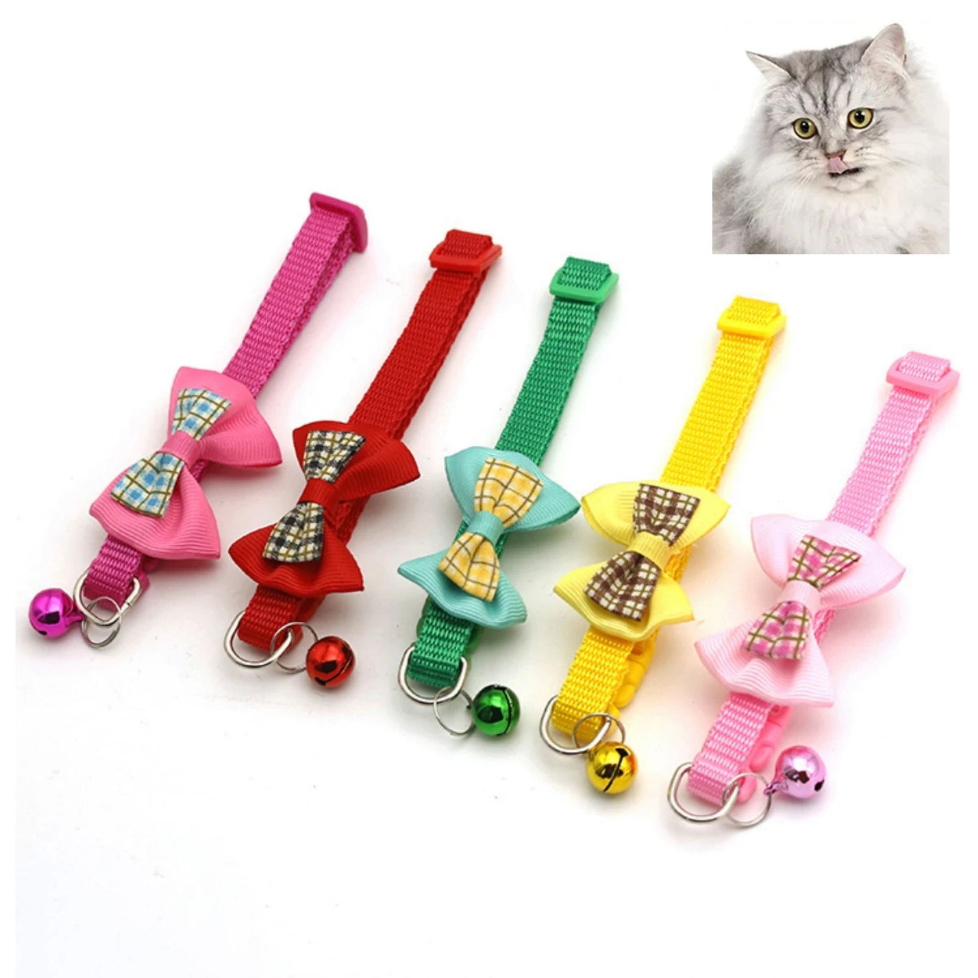 Red adjustable cat collar with bell and bow, stylish and comfortable, from TrendyPet's Zone, featuring a secure buckle and decorative accents.