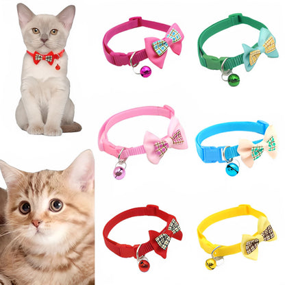 Blue adjustable cat collar with bell and bow, stylish and comfortable, from TrendyPet's Zone, shown on a cat.