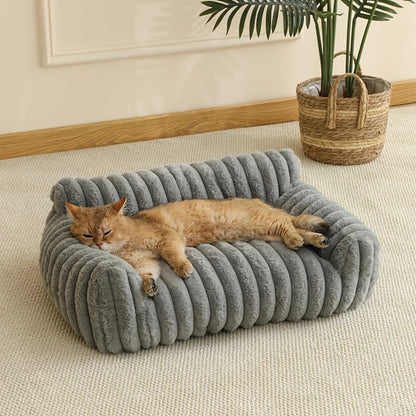 Beige Cat Sofa Bed – Soft Polyester Striped Pet Bed, Breathable All-Season Cozy Couch for Small to Medium Cats TrendyPet's Zone