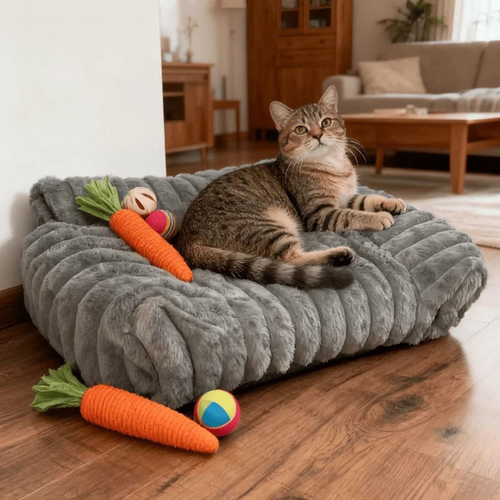 Beige Cat Sofa Bed – Soft Polyester Striped Pet Bed, Breathable All-Season Cozy Couch for Small to Medium Cats TrendyPet's Zone