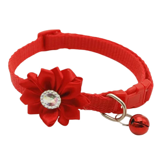 Red Flower Breakaway Cat Collar with Bell from TrendyPet's Zone, adjustable and comfortable for cats, featuring a decorative flower and bell.