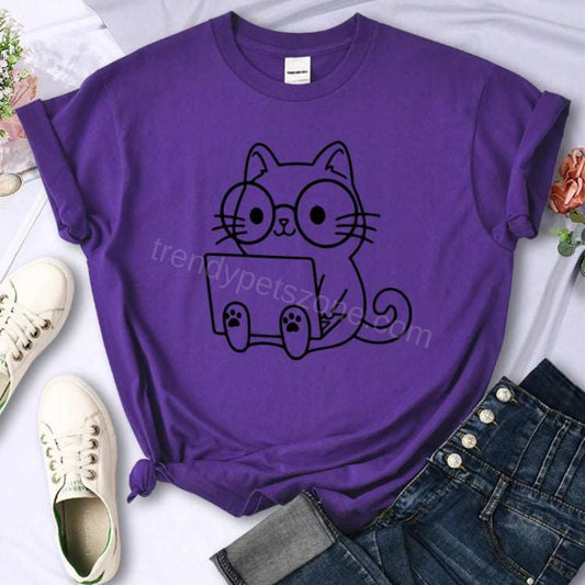 Purple Careful Study Of Work Cat Sketches Women T-Shirt Personality Trend Casual Tee Clothing Street Creative Tops Female Short Sleeve TrendyPet's Zone