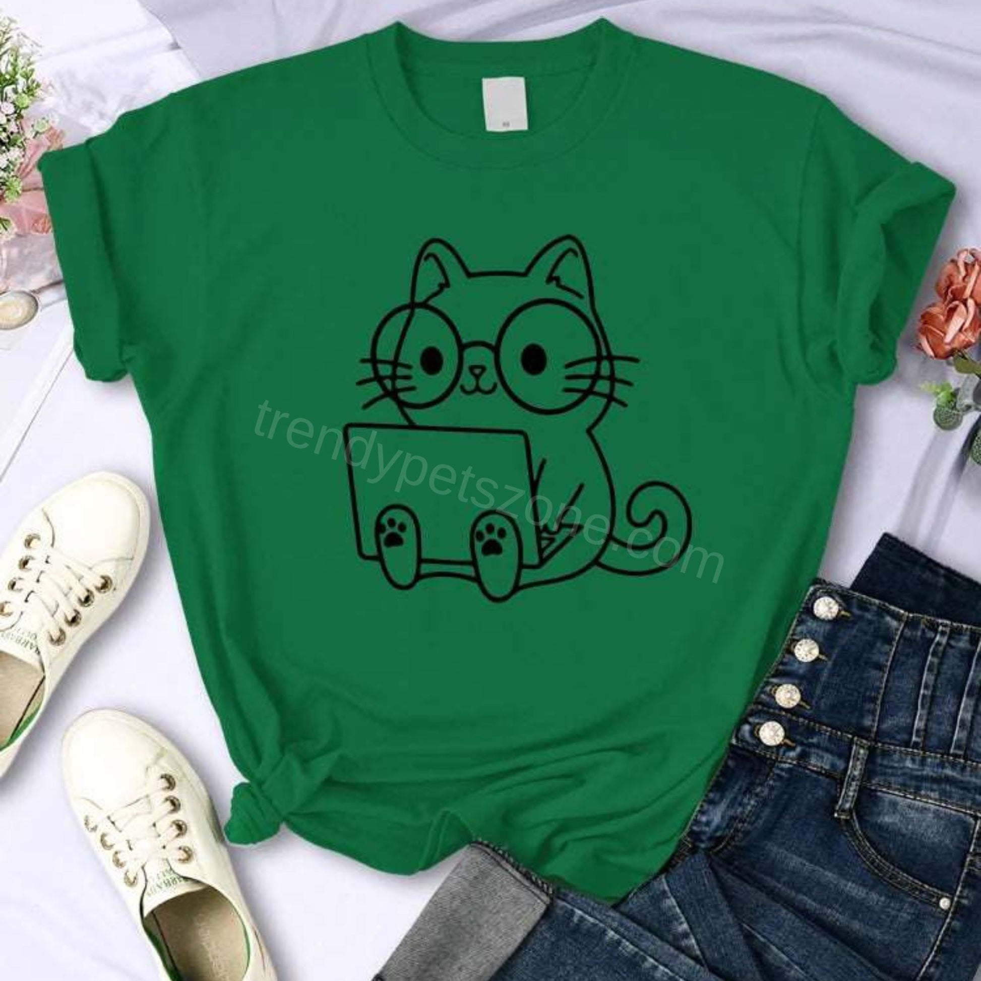 Green Careful Study Of Work Cat Sketches Women T-Shirt Personality Trend Casual Tee Clothing Street Creative Tops Female Short Sleeve TrendyPet's Zone
